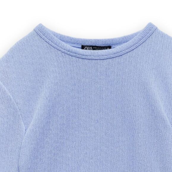 Zara Sky Blue Textured Long Sleeve Round Neck Crop Top US Medium - Picture 9 of 10